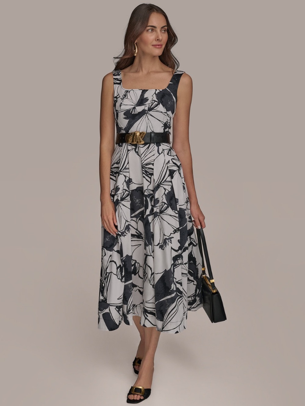 Donna Karan Black & White Floral Square-Neck Midi Dress